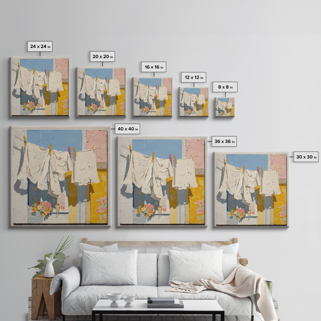 Clothesline with White Linens Blowing in Sunshine Canvas Print, Laundry Room Art, Modern Decor, Living Room Decor, Abstract Art, LRA-1x1-49