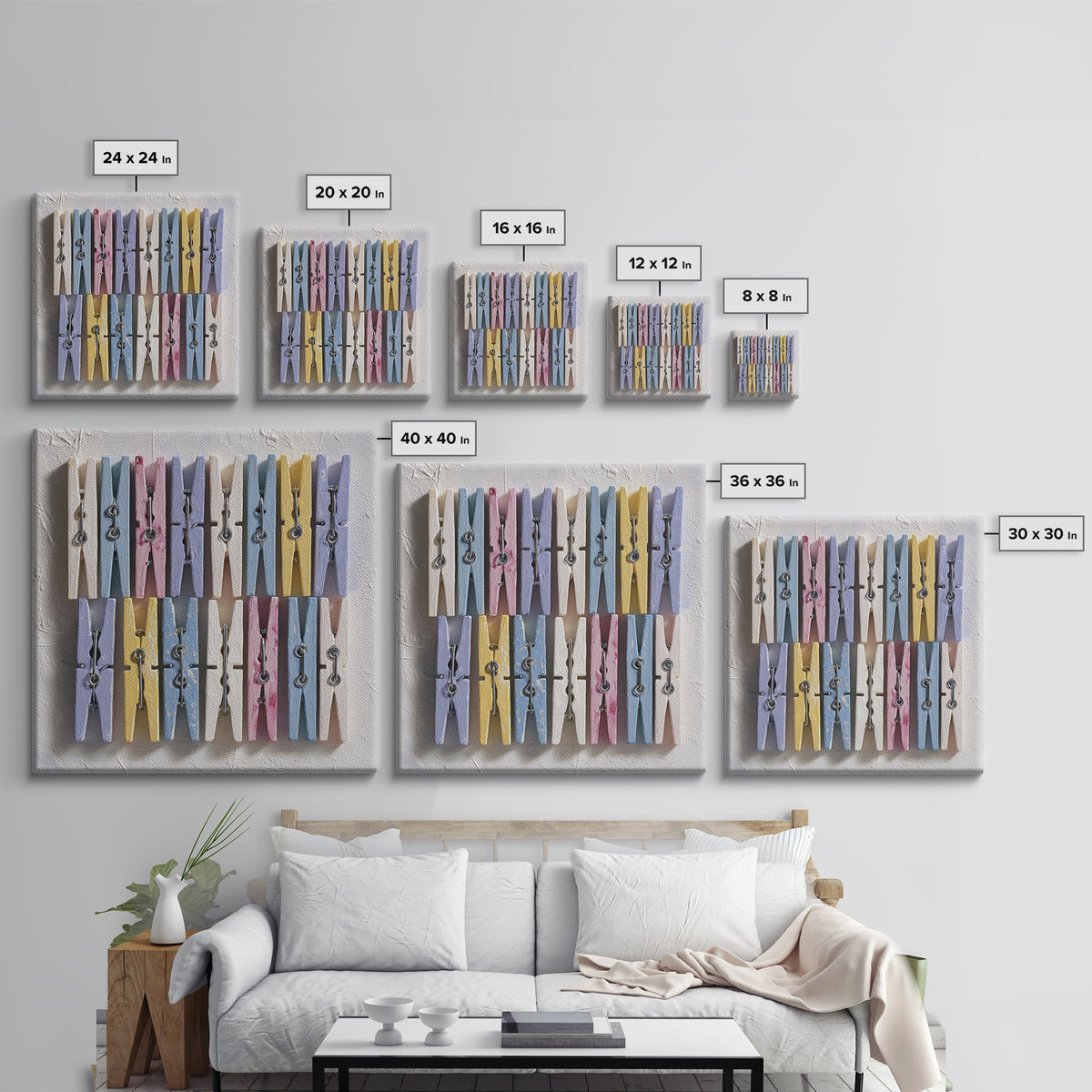 Cheerful Clothespins Arranged as Pattern Framed Canvas Print, Laundry Room Art, Laundry Room Decor, Living Room Decor, Clean, LRA-1x1-52