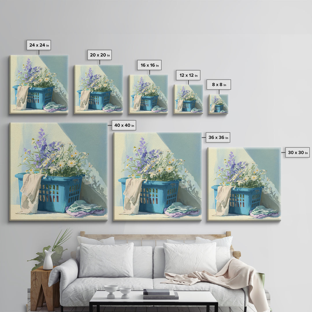 Blue Laundry Basket Framed Canvas Print, Laundry Room Art, Fine Art Print, Living Room Decor, Fine Art, Clean, Painting, LRA-1x1-53