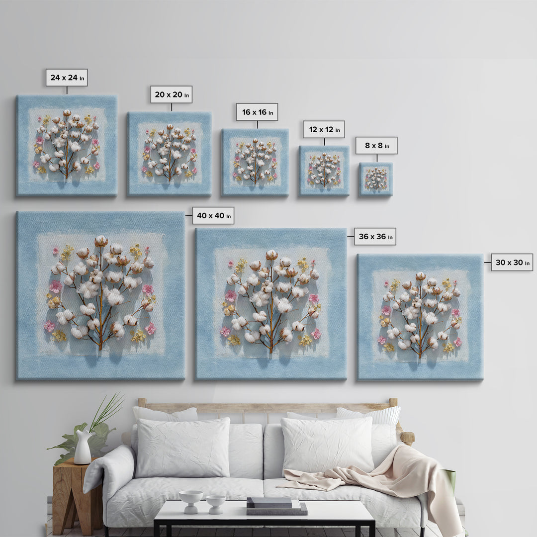 Fresh Cotton Branch Botanical Study Canvas Print, Laundry Room Art, Apartment Wall Art, Living Room Decor, Fine Art, Clean, LRA-1x1-55
