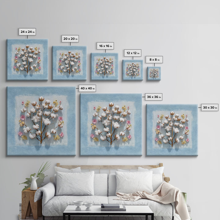 Fresh Cotton Branch Botanical Study Canvas Print, Laundry Room Art, Apartment Wall Art, Living Room Decor, Fine Art, Clean, LRA-1x1-55