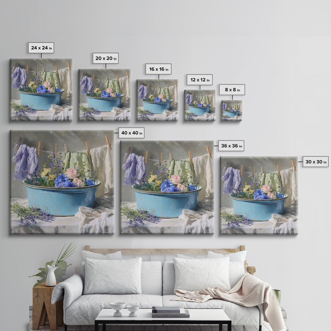 Old Enamel Basin Filled Framed Canvas Print, Laundry Room Art, Printable Art, Living Room Decor, Fine Art, Clean, Whimsical Art, LRA-1x1-56