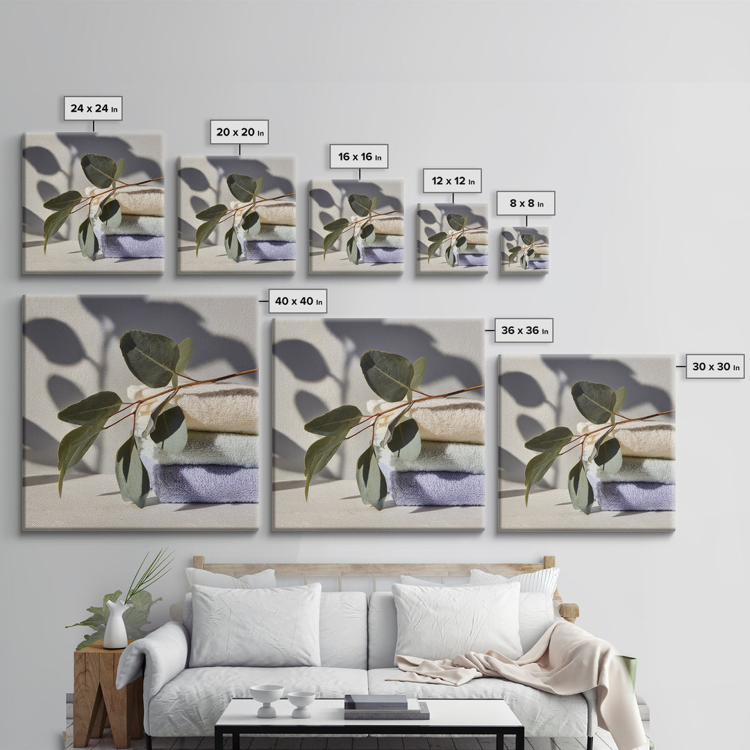 Sunlit White Towels and Eucalyptus Branch Canvas Print, Laundry Room Art, Digital Art Print, Living Room Decor, Fine Art, Clean, LRA-1x1-59