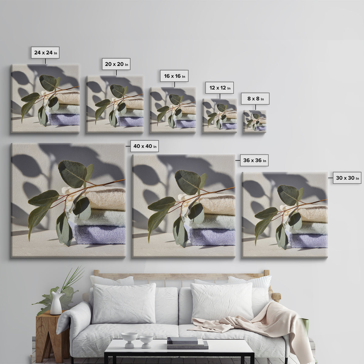 Sunlit White Towels and Eucalyptus Branch Canvas Print, Laundry Room Art, Digital Art Print, Living Room Decor, Fine Art, Clean, LRA-1x1-59