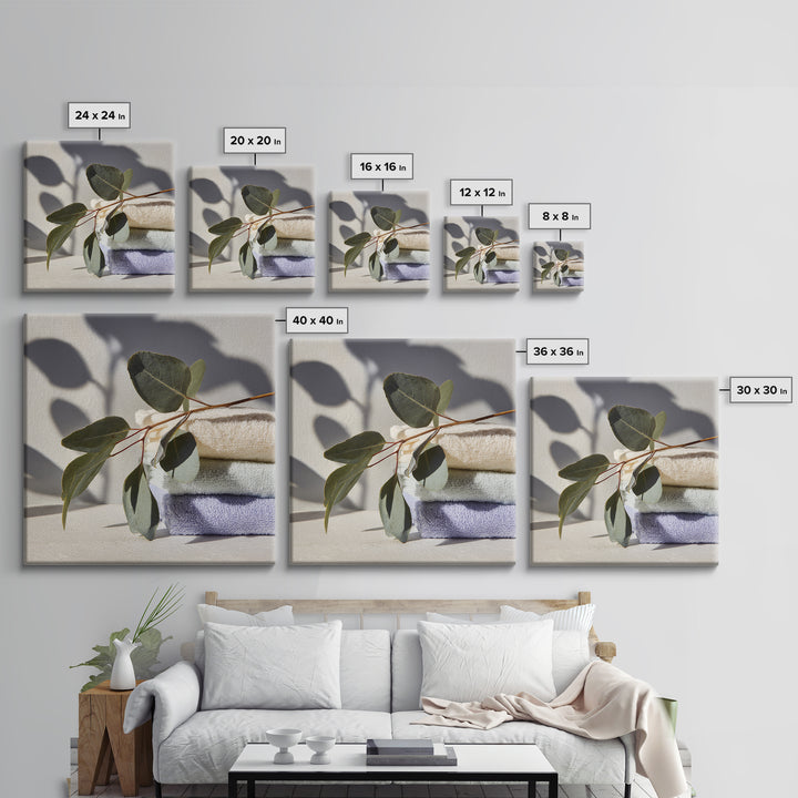 Sunlit White Towels and Eucalyptus Branch Canvas Print, Laundry Room Art, Digital Art Print, Living Room Decor, Fine Art, Clean, LRA-1x1-59