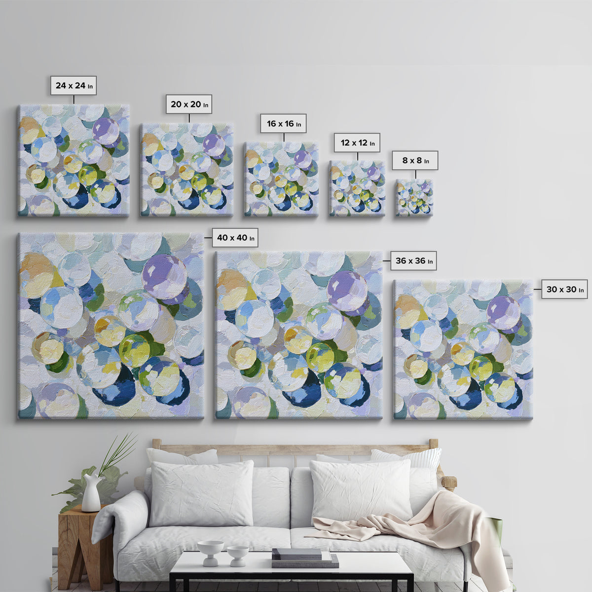 Soap Bubbles Rendered as Playful Abstract Circles Canvas Print, Laundry Room Art, Minimalist Wall Art, Living Room Decor, Clean, LRA-1x1-6