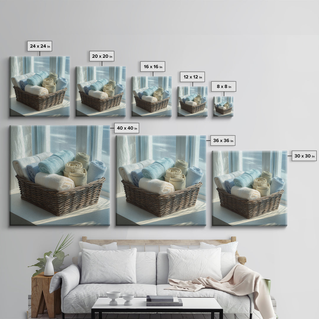 Basket of Folded Towels Framed Canvas Print, Laundry Room Art, Rustic Home Decor, Living Room Decor, Fine Art, Clean, LRA-1x1-62