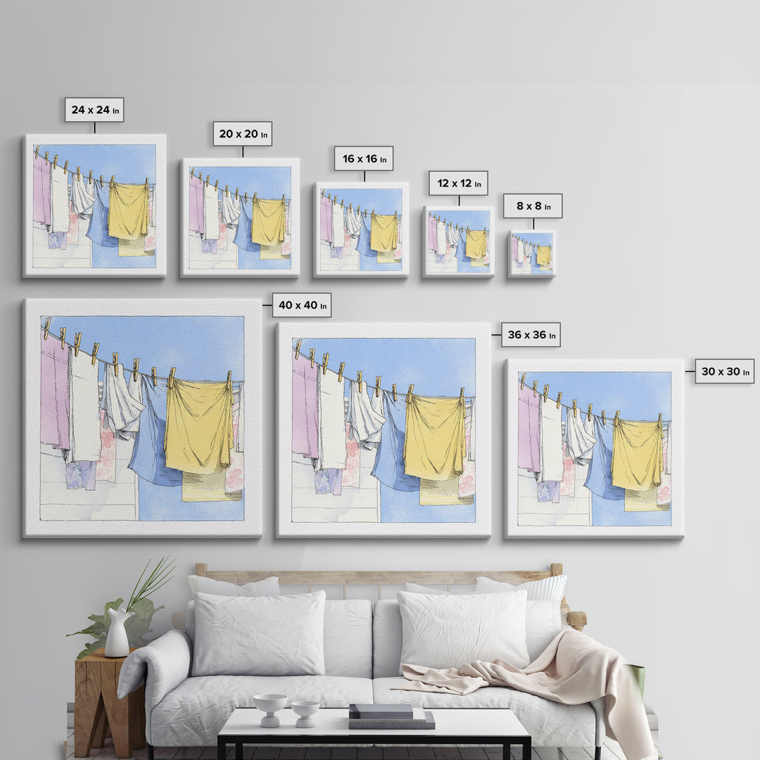 Simple Line Drawing of Hanging Laundry Canvas Print, Laundry Room Art, Farmhouse Wall Decor, Living Room Decor, Clean, LRA-1x1-64