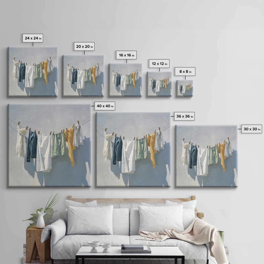 Clothesline with White Linens Blowing in Sunshine Canvas Print, Laundry Room Art, Art Print, Living Room Decor, Clean, LRA-1x1-73