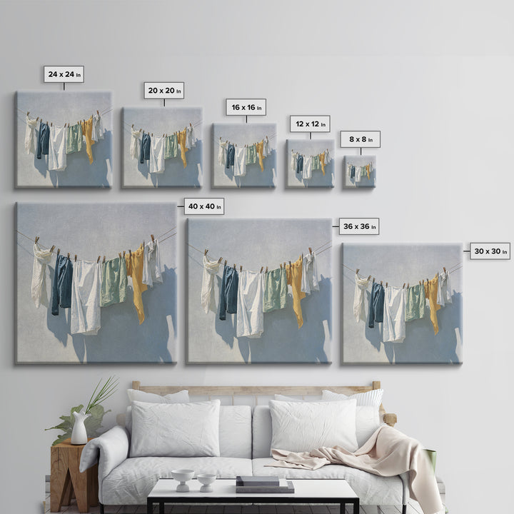 Clothesline with White Linens Blowing in Sunshine Canvas Print, Laundry Room Art, Art Print, Living Room Decor, Clean, LRA-1x1-73