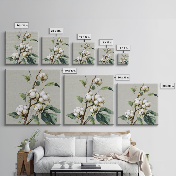 Fresh Cotton Branch Botanical Study Framed Canvas Print, Laundry Room Art, Fine Art Print, Living Room Decor, Fine Art, Clean, LRA-1x1-79