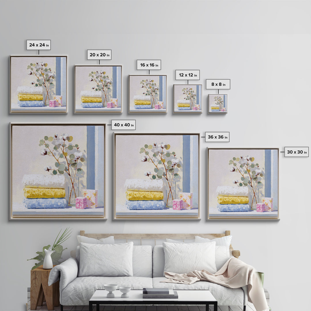 Sunlit White Towels and Eucalyptus Branch Canvas Print, Laundry Room Art, Statement Artwork, Living Room Decor, Clean, LRA-1x1-83