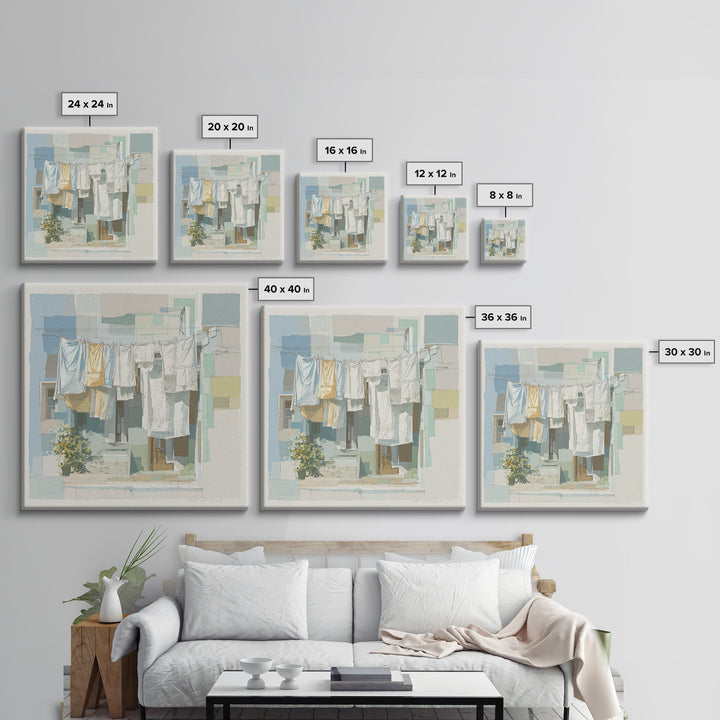 Simple Line Drawing of Hanging Laundry Framed Canvas Print, Laundry Room Art, Textured Painting, Living Room Decor, Clean, LRA-1x1-88