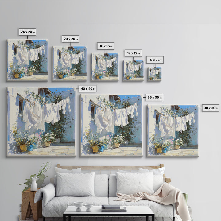 Clothesline with White Linens Blowing in Sunshine Canvas Print, Laundry Room Art, Home Decor, Living Room Decor, Clean, LRA-1x1-97