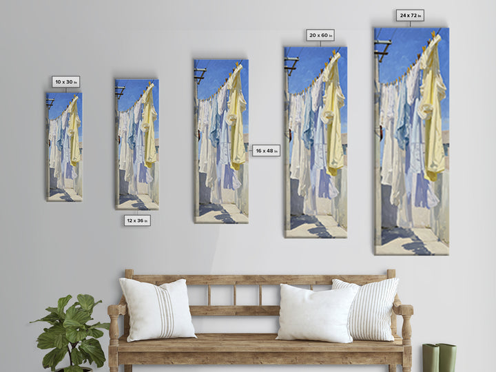 Clothesline with White Linens Blowing in Sunshine Canvas Print, Laundry Room Art, Statement Artwork, Living Room Decor, Clean, LRA-1x3-13