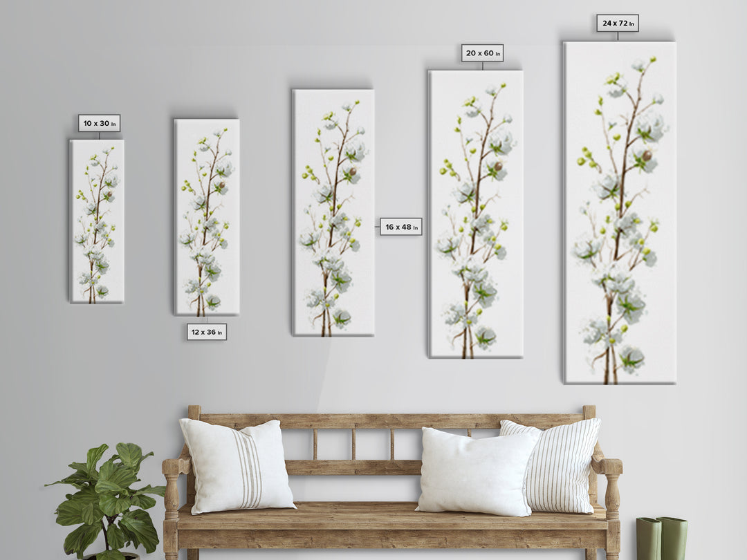 Fresh Cotton Branch Botanical Study Framed Canvas Print, Laundry Room Art, Painting, Living Room Decor, Oil Painting, Clean, LRA-1x3-19