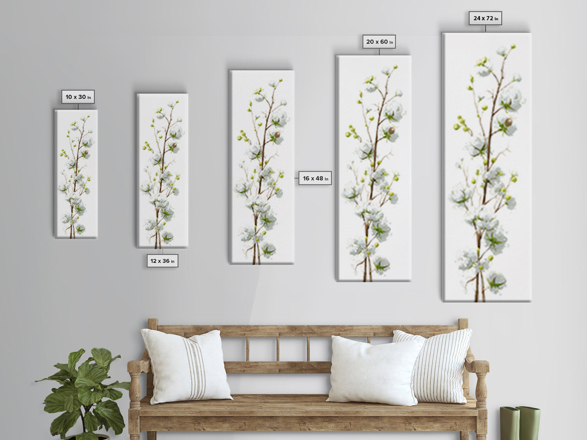 Fresh Cotton Branch Botanical Study Framed Canvas Print, Laundry Room Art, Painting, Living Room Decor, Oil Painting, Clean, LRA-1x3-19