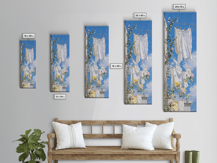 Clothesline with White Linens Blowing in Sunshine Canvas Print, Laundry Room Art, Statement Artwork, Living Room Decor, Clean, LRA-1x3-37