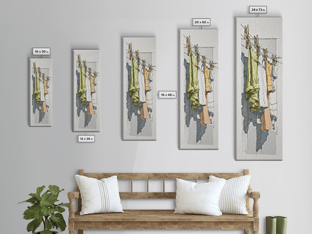 Simple Line Drawing of Hanging Laundry Framed Canvas Print, Laundry Room Art, Fine Art Print, Living Room Decor, Clean, LRA-1x3-4
