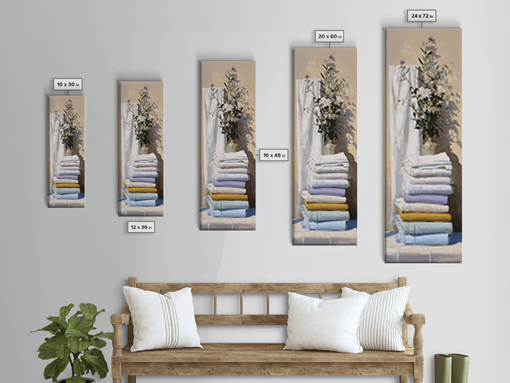 Sunlit White Towels and Eucalyptus Branch Framed Canvas Print, Laundry Room Art, New Home Gift, Living Room Decor, LRA-1x3-47
