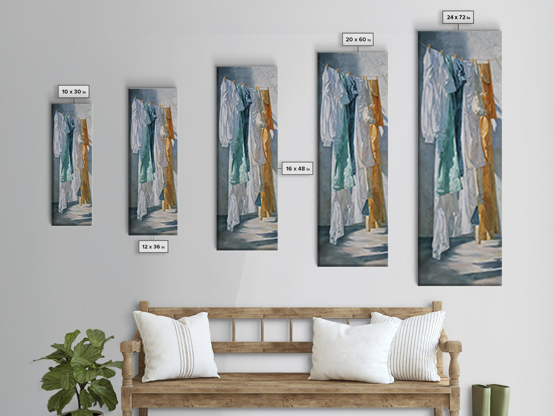 Clothesline with White Linens Blowing in Sunshine Canvas Print, Laundry Room Art, Textured Painting, Living Room Decor, Clean, LRA-1x3-61