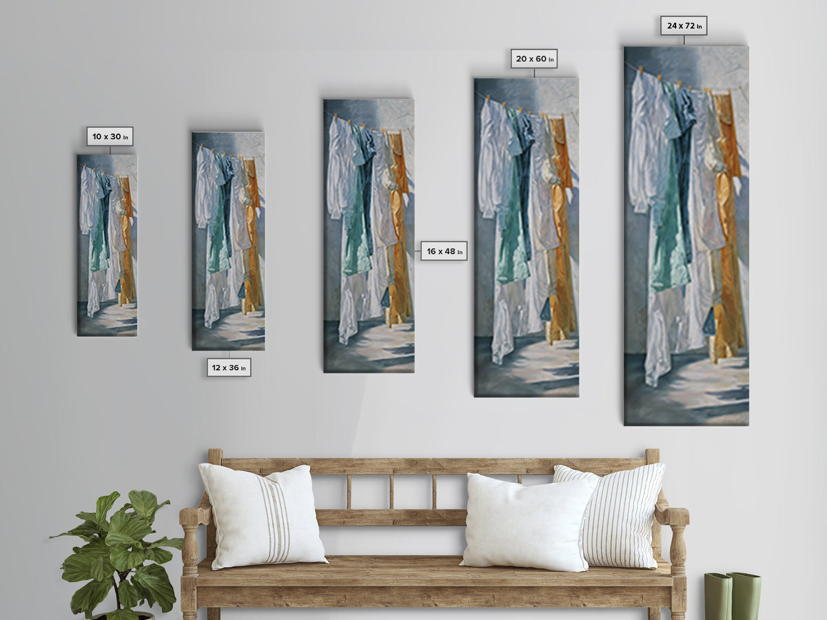 Clothesline with White Linens Blowing in Sunshine Canvas Print, Laundry Room Art, Textured Painting, Living Room Decor, Clean, LRA-1x3-61