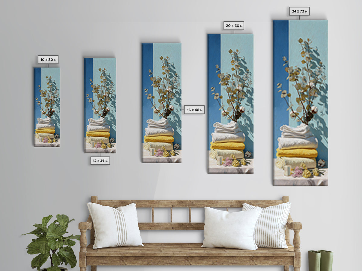 Sunlit White Towels and Eucalyptus Branch Framed Canvas Print, Laundry Room Art, Custom Wall Art, Living Room Decor, Clean, LRA-1x3-71