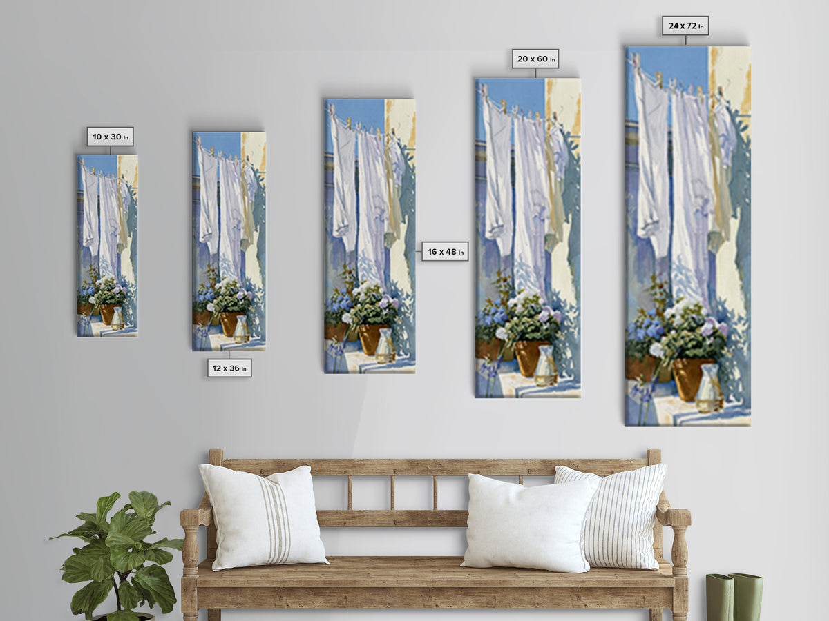 Clothesline with White Linens Blowing in Sunshine Canvas Print, Laundry Room Art, Living Room Decor, Abstract Art, Clean, LRA-1x3-85