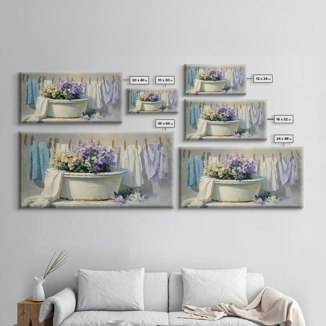 Old Enamel Basin Filled Framed Canvas Print, Laundry Room Art, Farmhouse Wall Art, Living Room Decor, Oil Painting, Clean, LRA-2x1-100