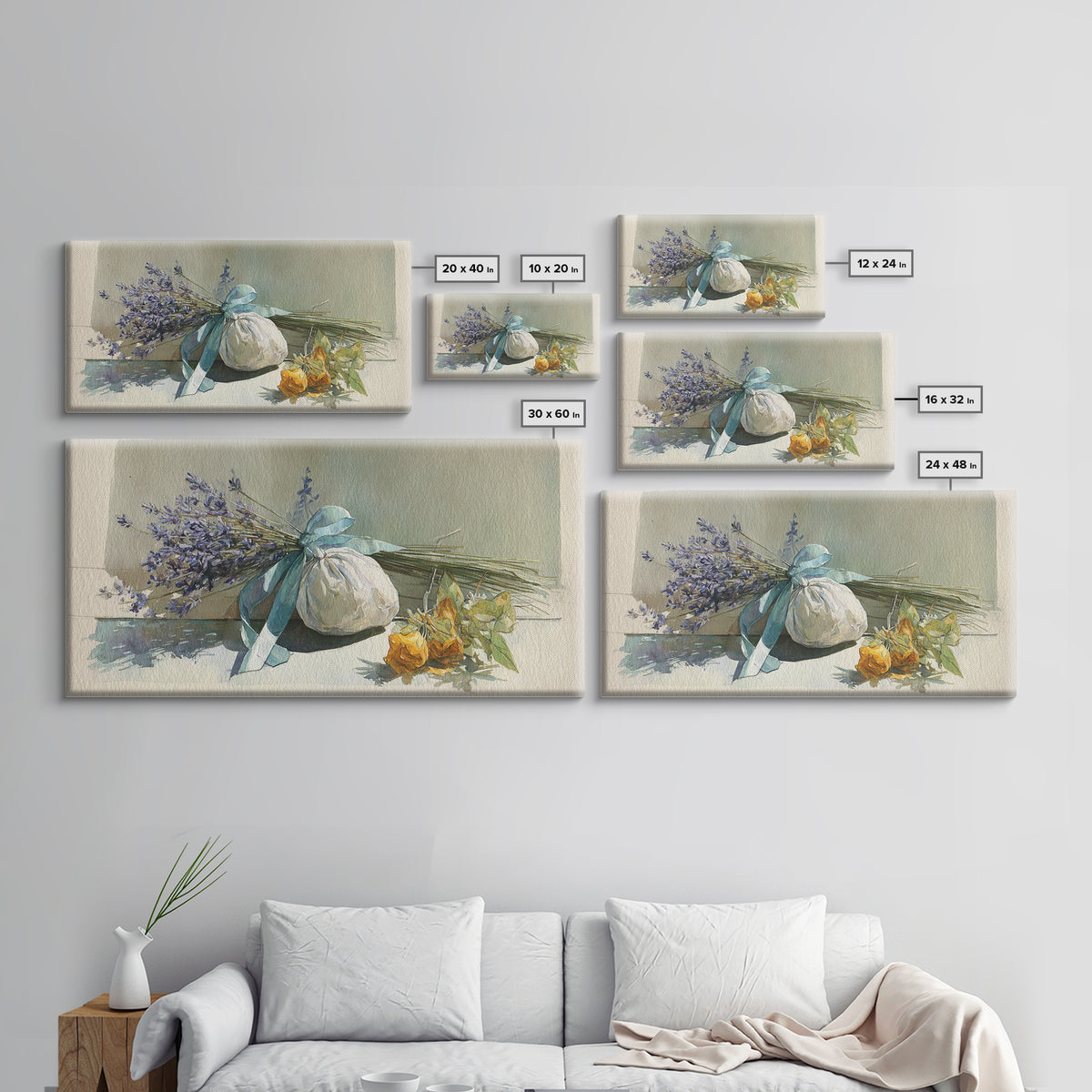 Lavender Sachet and Ribbon Still Life Framed Canvas Print, Laundry Room Art, Minimalist Decor, Living Room Decor, Clean, LRA-2x1-13