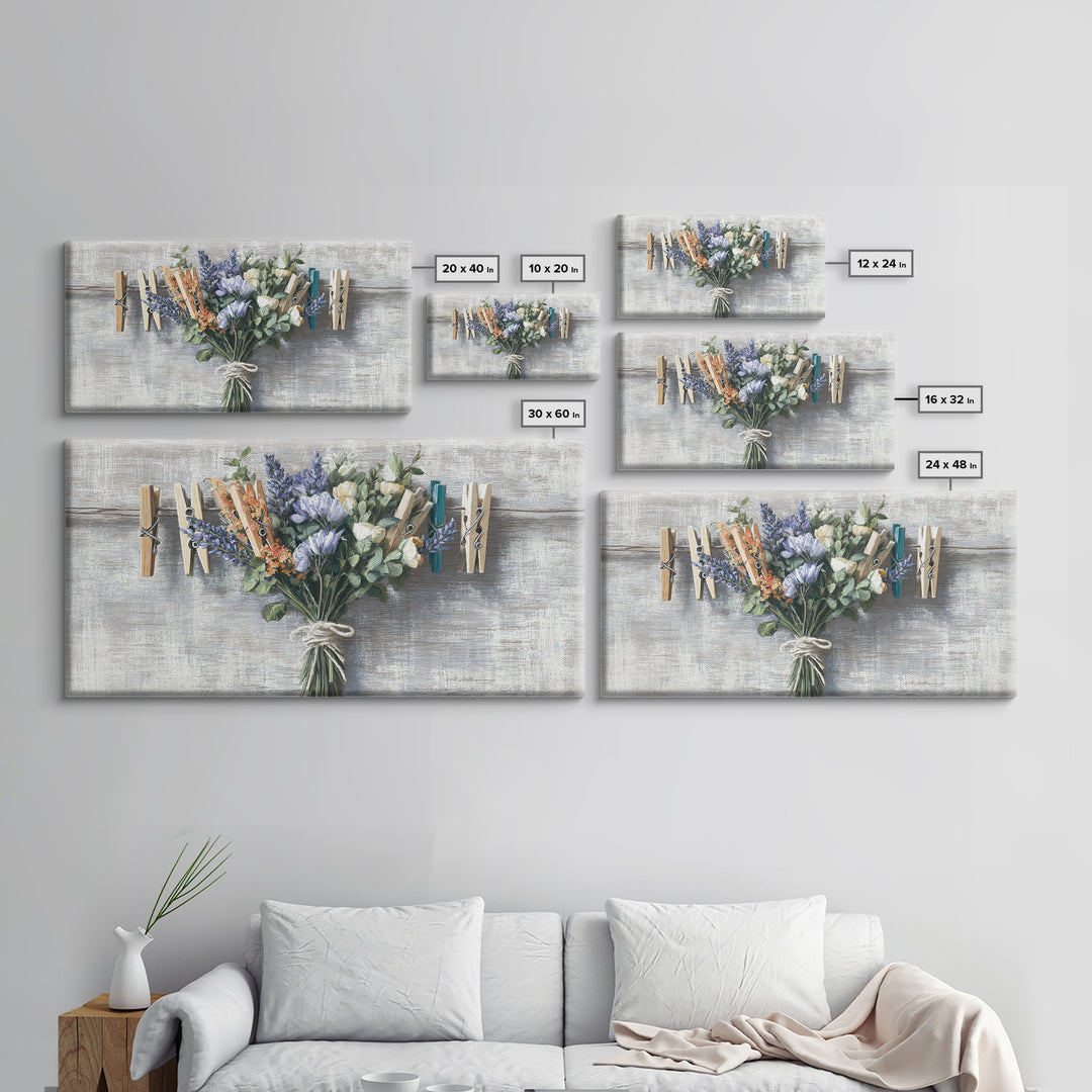 Clothespin Bouquet in Folk Art Style Framed Canvas Print, Laundry Room Art, Fine Art Print, Living Room Decor, Fine Art, Clean, LRA-2x1-16