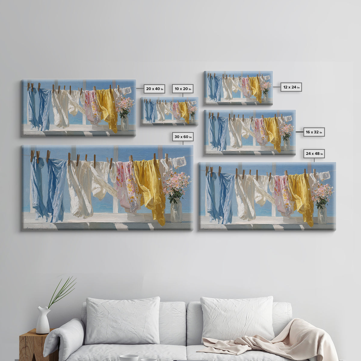 Clothesline with White Linens Blowing in Sunshine Canvas Print, Laundry Room Art, Home Decor, Living Room Decor, Clean, LRA-2x1-21