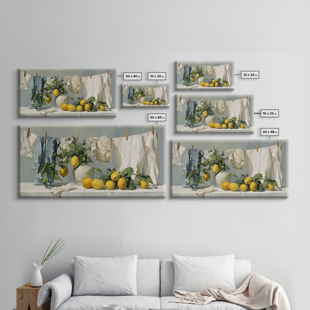 Lemon and Clean Linen Still Life Framed Canvas Print, Laundry Room Art, Digital Wall Art, Living Room Decor, Abstract Art, LRA-2x1-23