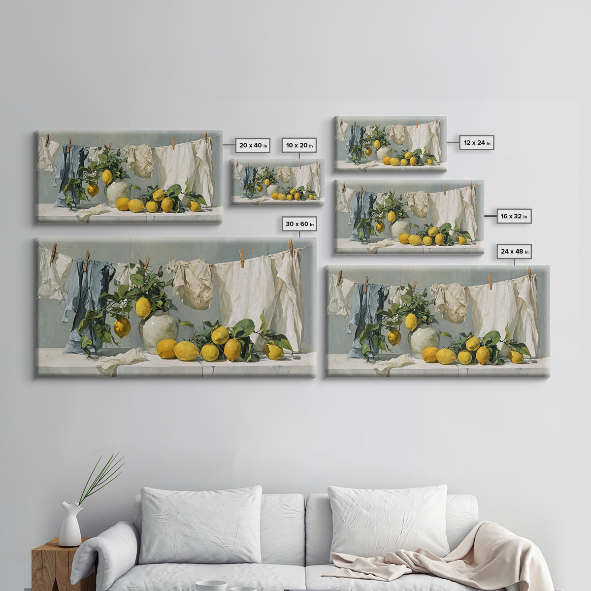 Lemon and Clean Linen Still Life Framed Canvas Print, Laundry Room Art, Digital Wall Art, Living Room Decor, Abstract Art, LRA-2x1-23
