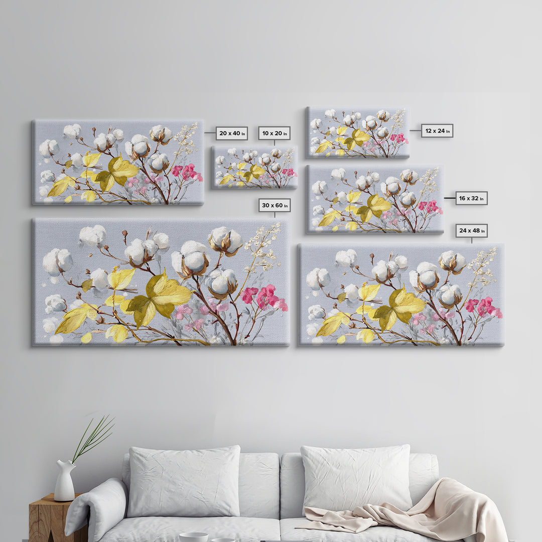 Fresh Cotton Branch Botanical Study Framed Canvas Print, Laundry Room Art, Fine Art Print, Living Room Decor, Fine Art, Clean, LRA-2x1-27