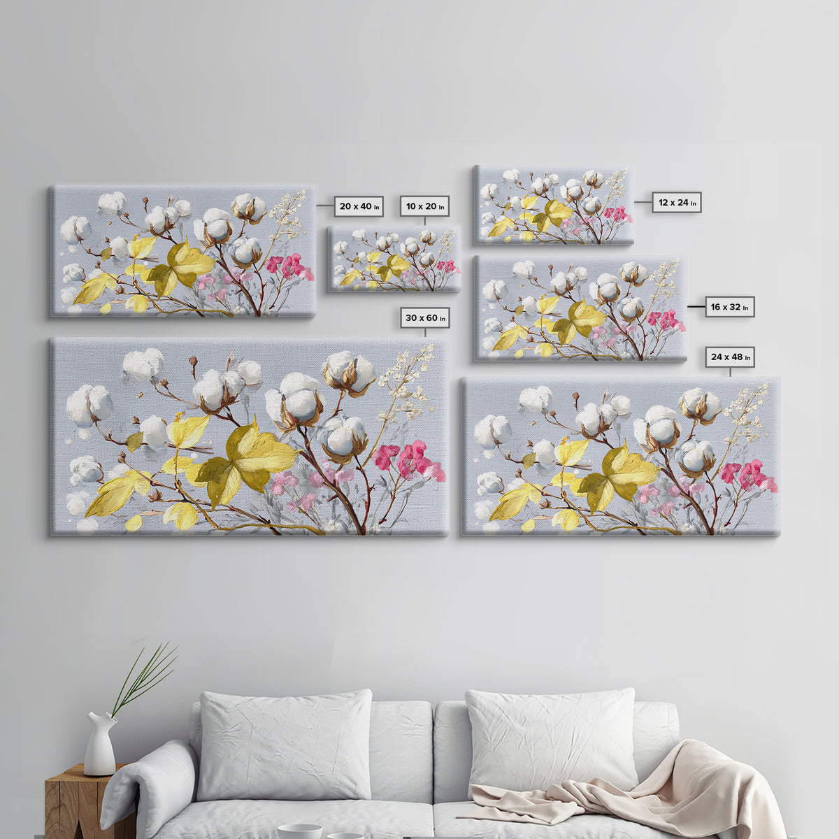 Fresh Cotton Branch Botanical Study Framed Canvas Print, Laundry Room Art, Fine Art Print, Living Room Decor, Fine Art, Clean, LRA-2x1-27