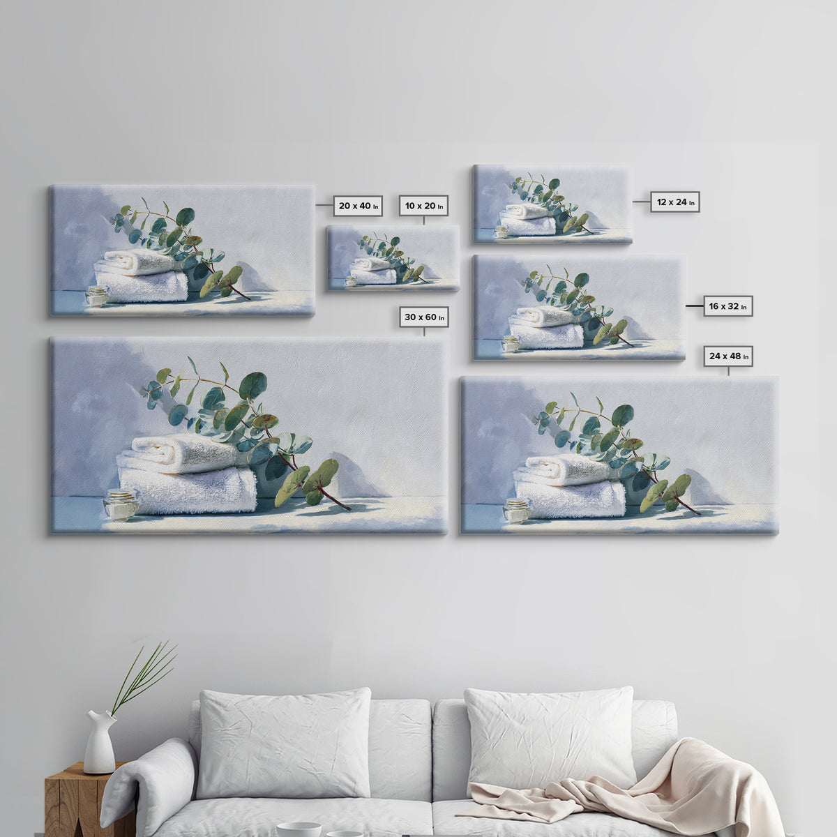 Sunlit White Towels and Eucalyptus Branch Canvas Print, Laundry Room Art, Digital Print, Living Room Decor, Fine Art, Clean, LRA-2x1-31