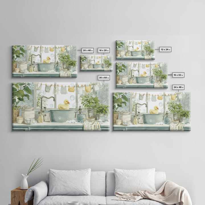 Duck and Bubbles Whimsical Watercolor Framed Canvas Print, Laundry Room Art, Living Room Decor, Oil Painting, Clean, LRA-2x1-35