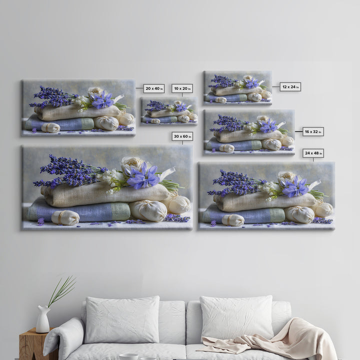 Lavender Sachet and Ribbon Still Life Framed Canvas Print, Laundry Room Art, Minimalist Decor, Living Room Decor, Clean, LRA-2x1-37