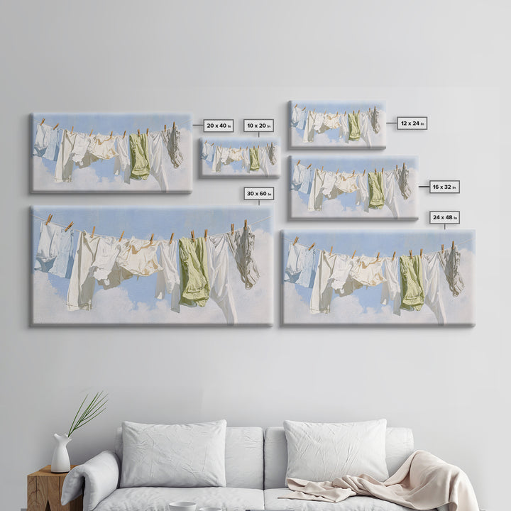 Clothesline with White Linens Blowing in Sunshine Canvas Print, Laundry Room Art, Digital Wall Art, Living Room Decor, Clean, LRA-2x1-45