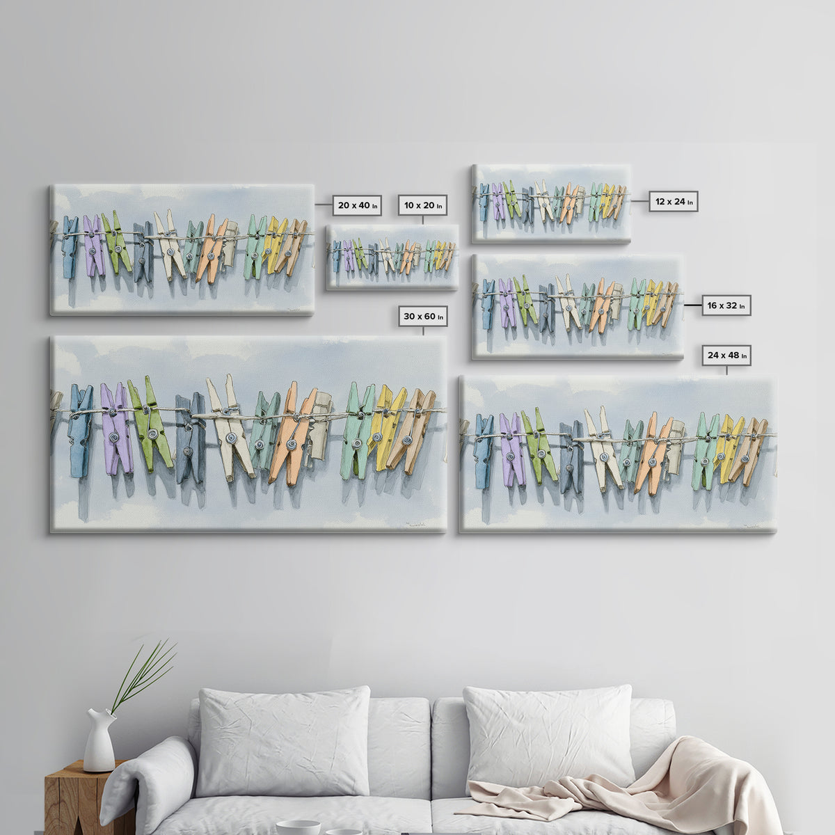 Cheerful Clothespins Arranged as Pattern Canvas Print, Laundry Room Art, Digital Art, Living Room Decor, Fine Art, Clean, LRA-2x1-48