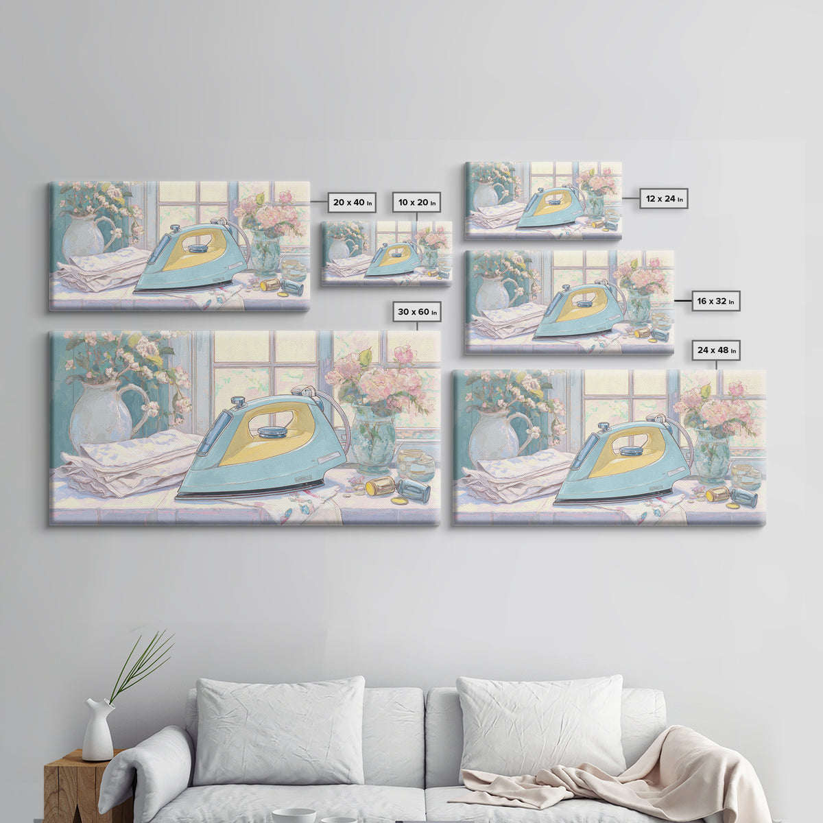 Retro Iron Illustration Framed Canvas Print, Laundry Room Art, Living Room Decor, Watercolor Art, Clean, Wall Art Print, LRA-2x1-5