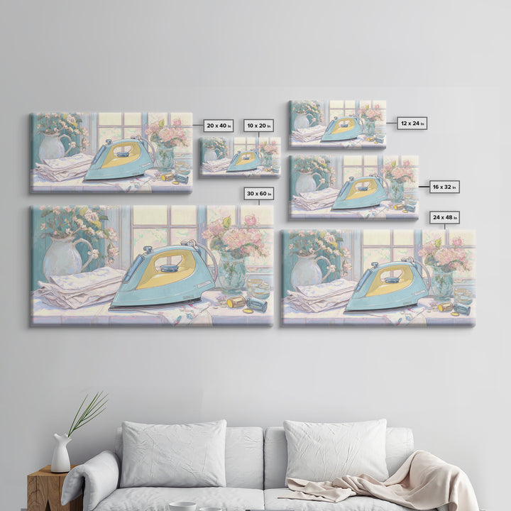 Retro Iron Illustration Framed Canvas Print, Laundry Room Art, Living Room Decor, Watercolor Art, Clean, Wall Art Print, LRA-2x1-5