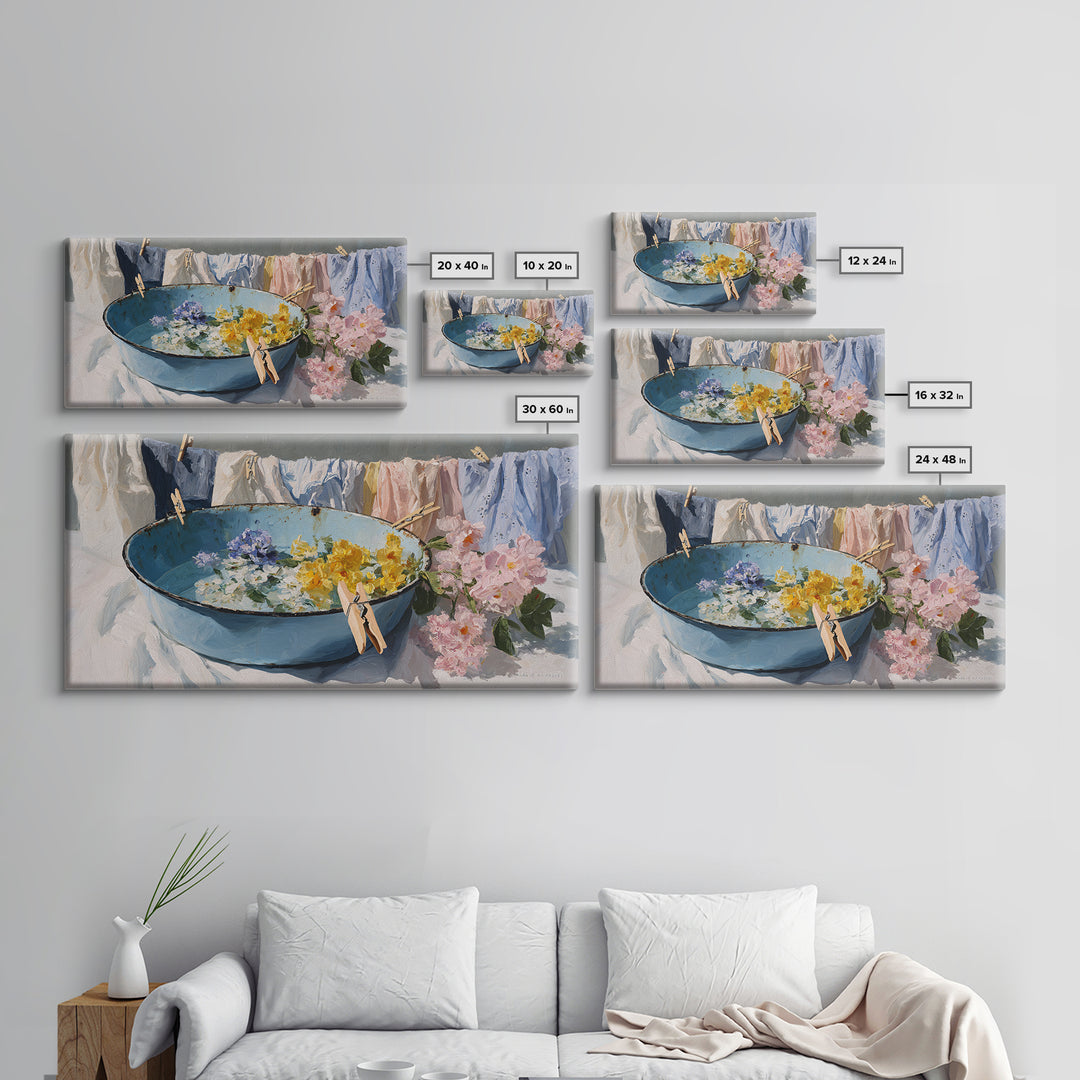Old Enamel Basin Filled Canvas Print, Laundry Room Art, Printable Wall Art, Living Room Decor, Watercolor Art, Clean, LRA-2x1-52