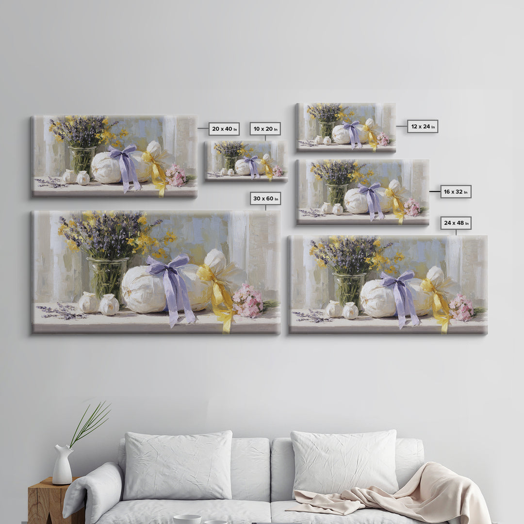 Lavender Sachet and Ribbon Still Life Canvas Print, Laundry Room Art, Printable Wall Art, Living Room Decor, Fine Art, Clean, LRA-2x1-61