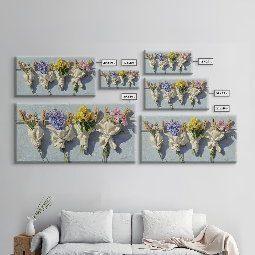 Clothespin Bouquet in Folk Art Style Canvas Print, Laundry Room Art, Artwork, Living Room Decor, Clean, Minimalist Wall Art, LRA-2x1-64