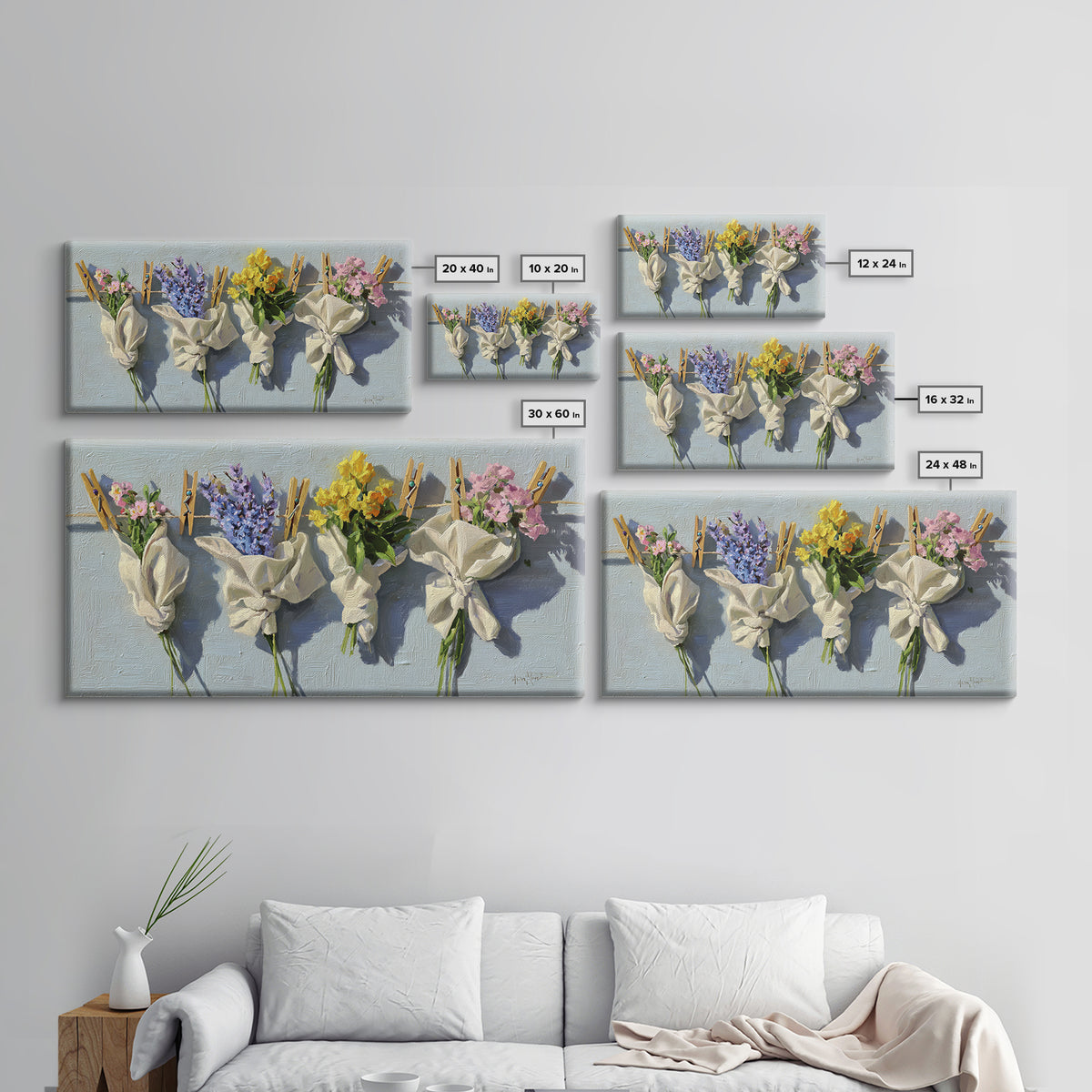 Clothespin Bouquet in Folk Art Style Canvas Print, Laundry Room Art, Artwork, Living Room Decor, Clean, Minimalist Wall Art, LRA-2x1-64