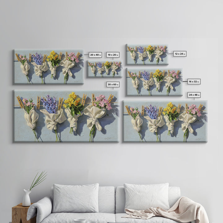 Clothespin Bouquet in Folk Art Style Canvas Print, Laundry Room Art, Artwork, Living Room Decor, Clean, Minimalist Wall Art, LRA-2x1-64