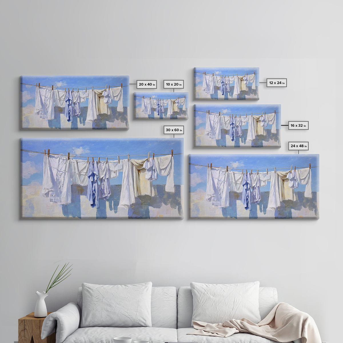 Clothesline with White Linens Blowing in Sunshine Canvas Print, Laundry Room Art, Farmhouse Decor, Living Room Decor, Clean, LRA-2x1-69