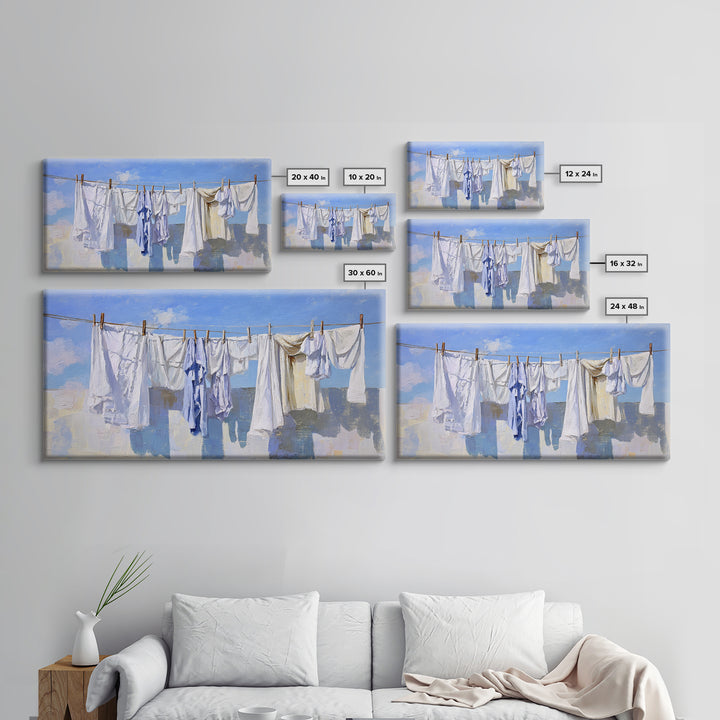 Clothesline with White Linens Blowing in Sunshine Canvas Print, Laundry Room Art, Farmhouse Decor, Living Room Decor, Clean, LRA-2x1-69
